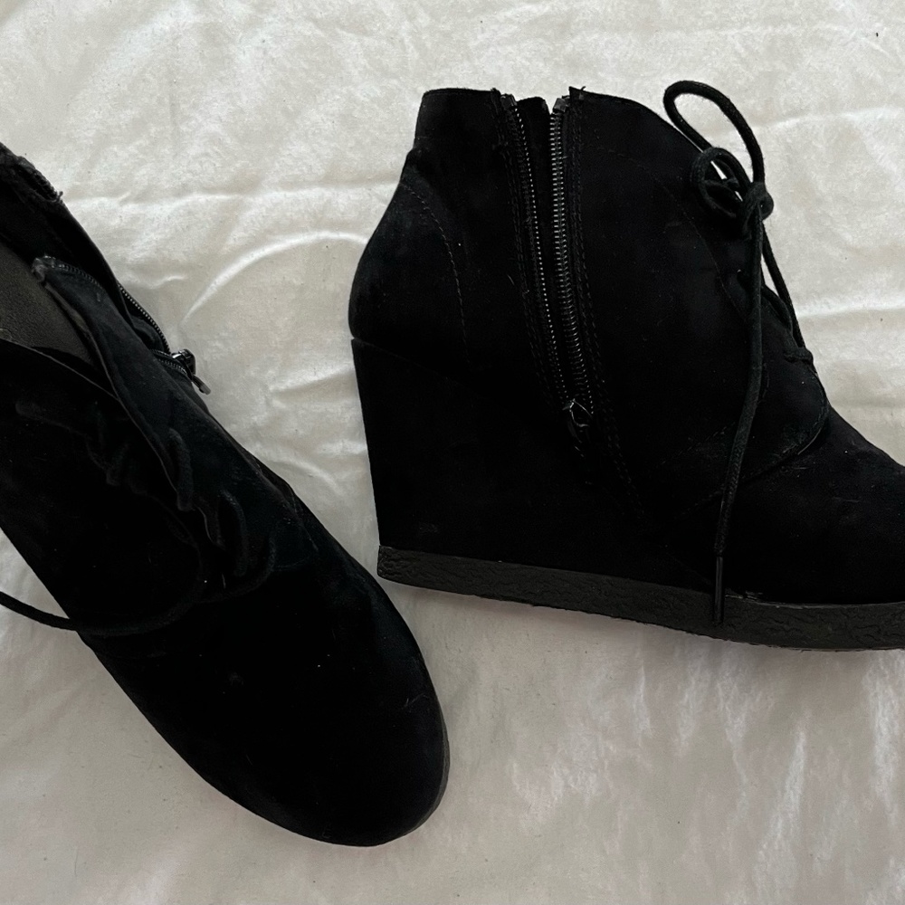 Black faux suede wedge ankle booties